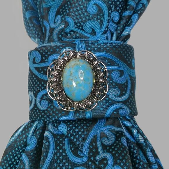 Artisan Vintage Tie Necklace Upcycled Pearl Accents Shades of Teal Blue Gray NEW - Picture 5 of 13